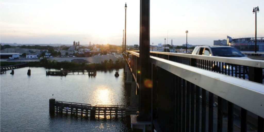 A view looking north from the Frederick Douglass Memorial Bridge, which carries South Capitol Street over the Anacostia River in 2013. Buzzard Point is to the left. (Maddie Meyer/The Washington Post)