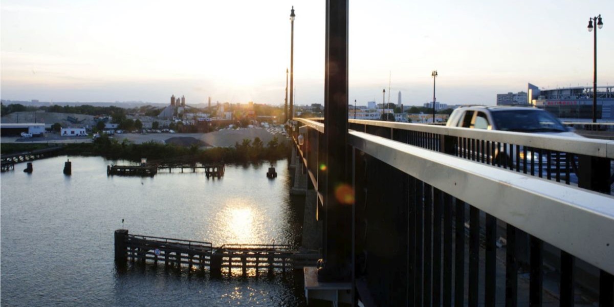 A view looking north from the Frederick Douglass Memorial Bridge, which carries South Capitol Street over the Anacostia River in 2013. Buzzard Point is to the left. (Maddie Meyer/The Washington Post)