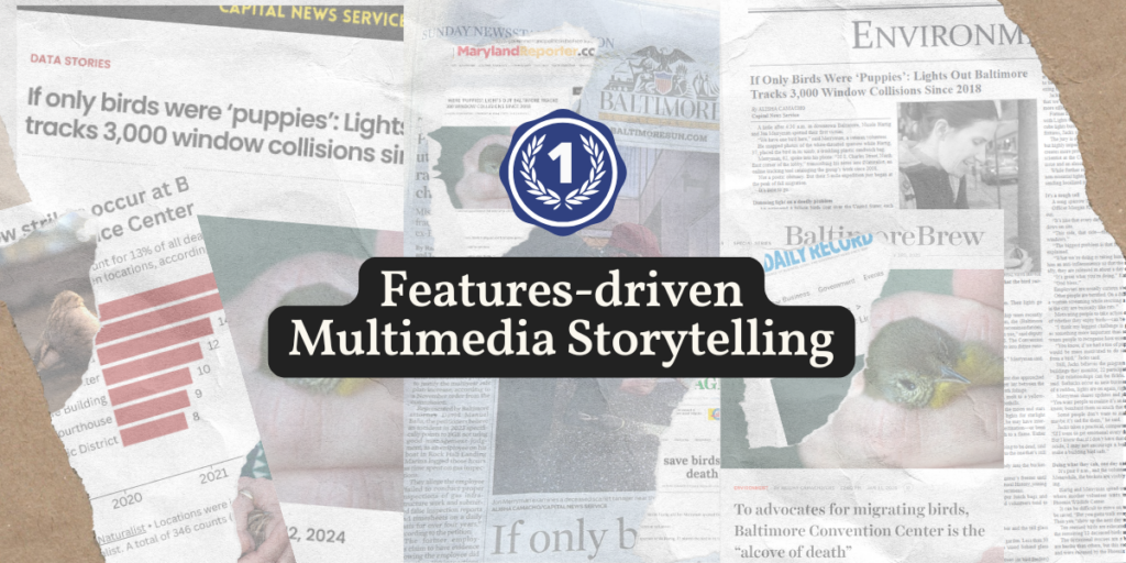 A graphic composed of various news clipping of the story, 'If only birds were 'puppies'" featured in over a dozen outlets. The graphic also includes the text: "Features-driven Multimedia Storytelling."